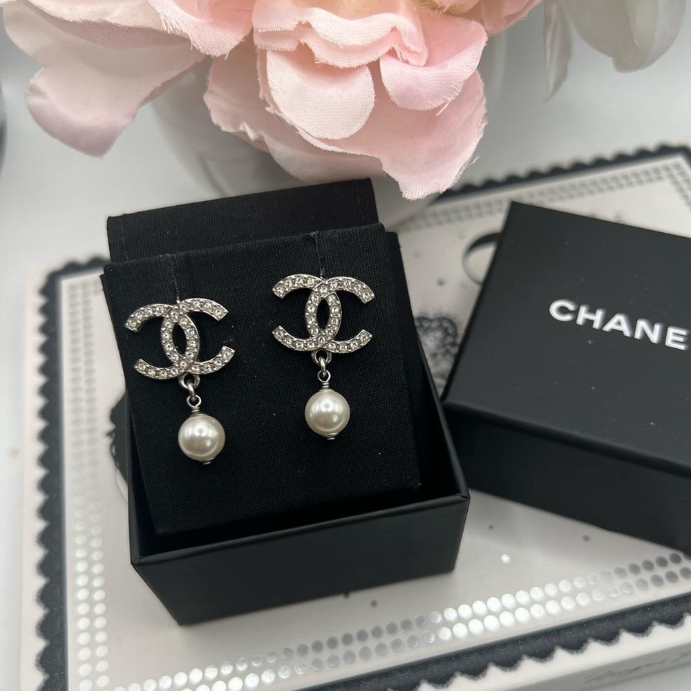 CHANEL 2022 Crystal CC Faux Pearl Drop Earrings